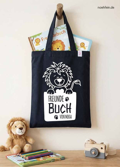 Freundebuch Tasche mit Namen Löwe - personalisierter Stoffbeutel Kindergarten -  dunkelblaue Tasche mit weißem Aufdruck