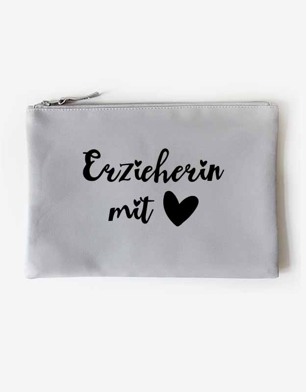 Federtasche Erzieherin mit Herz - Geschenk Abschied Kindergarten - graue Tasche schwarzer Aufdruck
