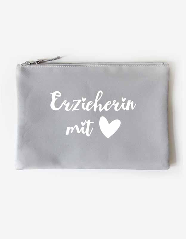 Federtasche Erzieherin mit Herz - Geschenk Abschied Kindergarten - graue Tasche weißer Aufdruck