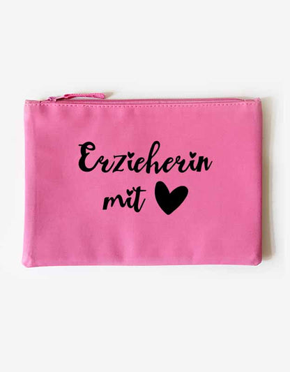 Federtasche Erzieherin mit Herz - Geschenk Abschied Kindergarten - pinke Tasche schwarzer Aufdruck