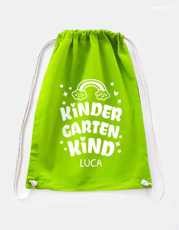 Turnbeutel Kindergarten mit Namen im Bubbelgum Design mit Regenbogen in gruen mit weißer Schrift - naehfein