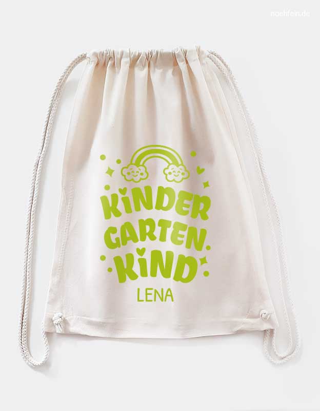 beiger Turnbeutel Kindergartenkind mit Namen - tolles Geschenk für Kinder - beiger Stoffbeutel mit gruener Schrift