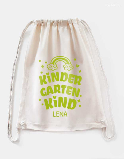 beiger Turnbeutel Kindergartenkind mit Namen - tolles Geschenk für Kinder - beiger Stoffbeutel mit gruener Schrift
