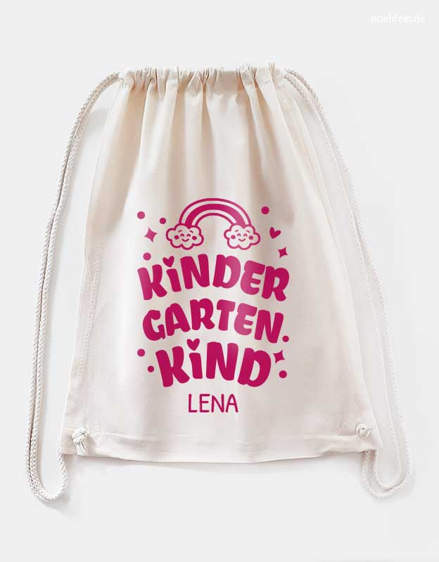 Kindergarten Turnbeutel perfekt als Wechselwaeschebeutel mit Namen - Geschenk zum Kitastart -  beiger Stoffbeutel mit pinker Schrift