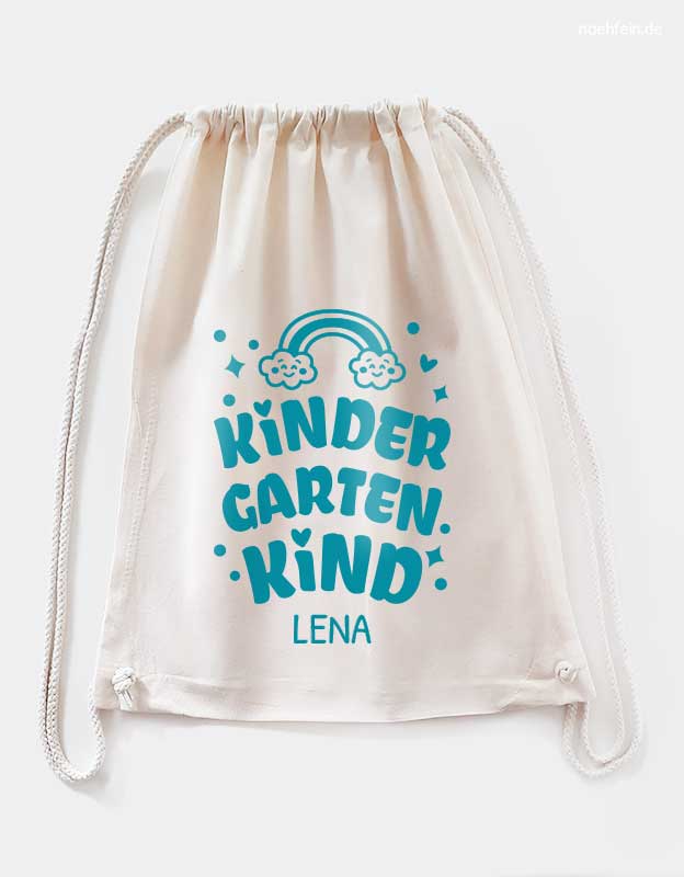 personalisierter Turnbeutel für Kindergarten - Wechselwaeschebeutel mit Namen in Beige mit tuerkiser Schrift