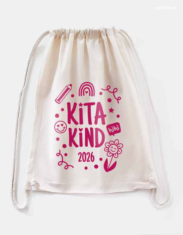 Kitakind Turnbeutel für Maedchen in Pink -  Stoffbeutel Kindergarten mit Jahreszahl