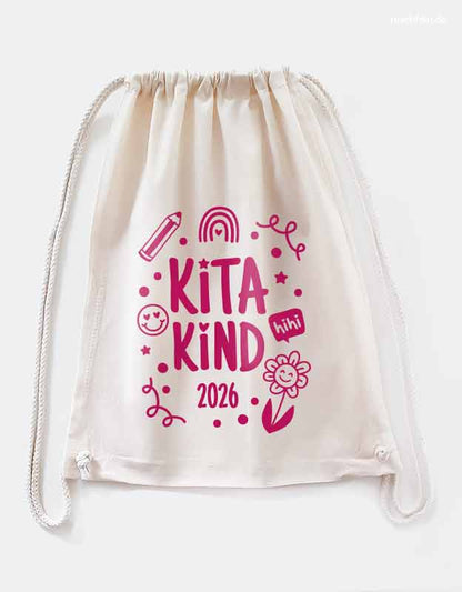 Kitakind Turnbeutel für Maedchen in Pink -  Stoffbeutel Kindergarten mit Jahreszahl