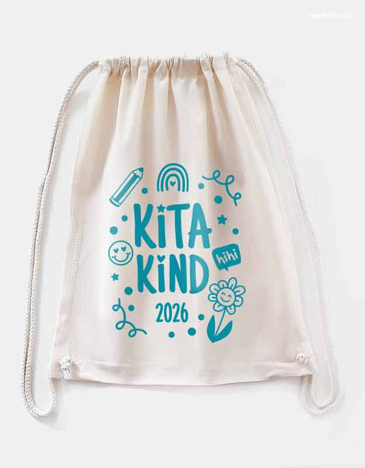 Turnbeutel Kita im Kitakind 2026 Design  -beiger Stoffbeutel mit tuerkiser Folie - Kita Geschenk 2026