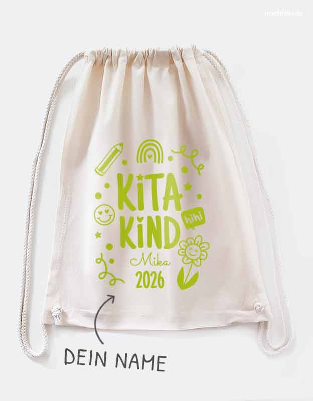 Turnbeutel Kitakind mit Namen -  Wechselwaeschebeutel für den Kindergarten - beige mit gruener Folie