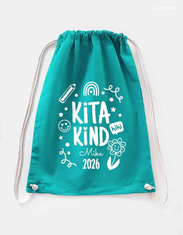 Geschenk Kitakind 2026 -  Turnbeutel mit Namen für den Kindergarten - tuerkis mit weißer Folie
