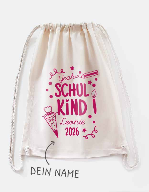 Turnbeutel Schulkind mit Namen mit pinker Felxfolie- Geschenk zum Schulstart 2026
