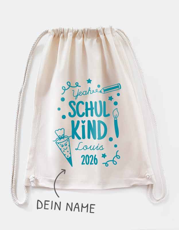  Geschenk zum Schulstart 2026 - Schulkind Turnbeutel mit Namen des Kindes in Tuerkis