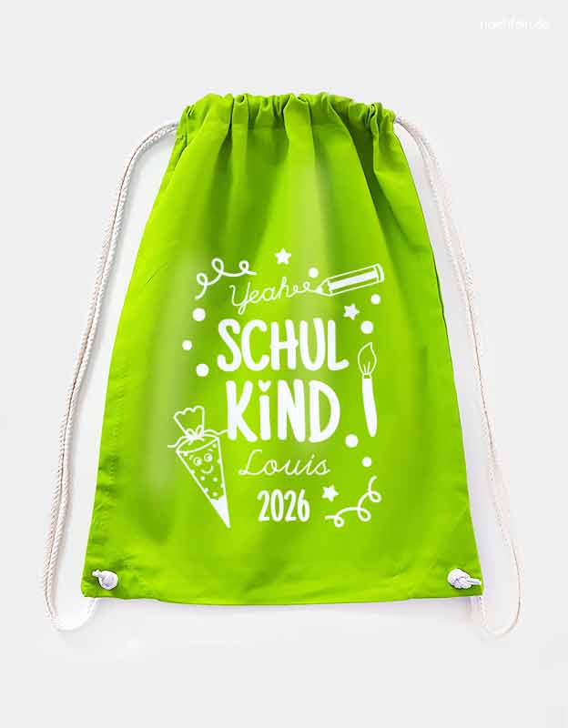 Turnbeutel Schulkind mit Namen in Gruen mit weißer Flexfolie - Geschenk zum Schulstart 2026