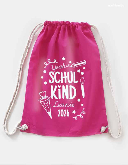 Geschenk Schulkind 2026 -  pinker Turnbeutel mit Namen zur Einschulung
