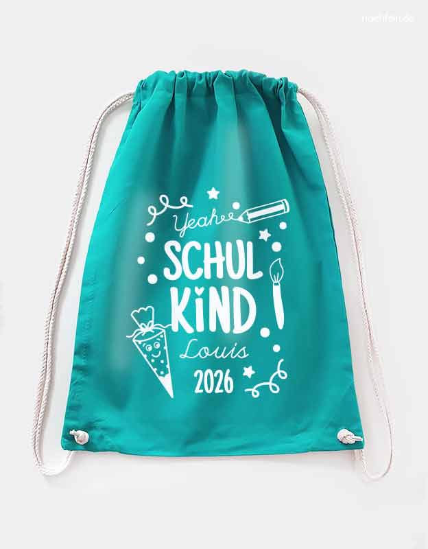 Einschulung Geschenk fuer Kinder - personalisierter Turnbeutel Schulkind mit Namen in Tuerkis mit weißer Folie