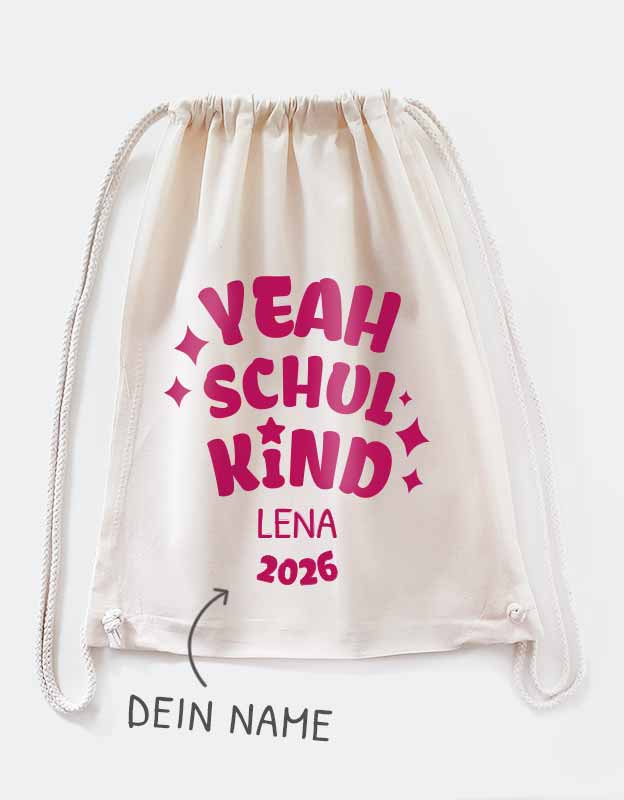 Turnbeutel für Kinder zum Schulstart - personalisierter Stoffbeutel Schulkind mit pinker Folie
