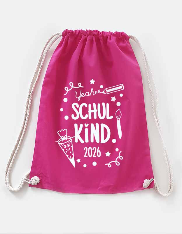 Turnbeutel Schulkind Design, handgemaltes Design in Pink mit weißer Folie