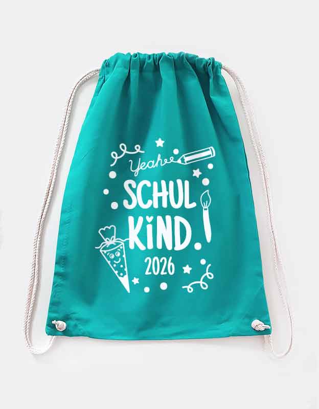 tuerkiser Turnbeutel Schulkind Design mit weißer Folie - Geschenk zum Schulstart fuer Kinder