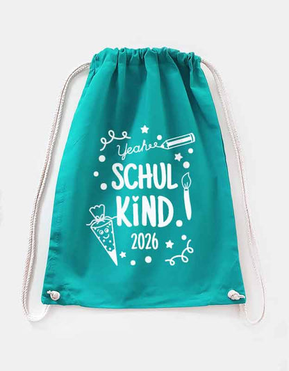 tuerkiser Turnbeutel Schulkind Design mit weißer Folie - Geschenk zum Schulstart fuer Kinder