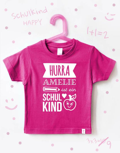 einschulung tshirt namen - hurra - pink weiß -  personalisiertes T-Shirt Einschulung, Einschulungsgeschenk