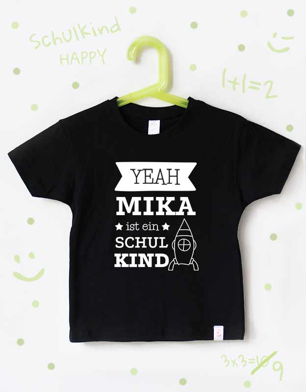 einschulung tshirt namen - rakete - schwarz weiß