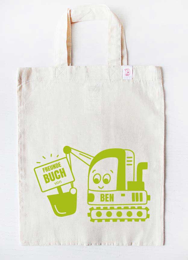 personalisierte freundebuch tasche für Kinder kindergarten- bagger - beige grün