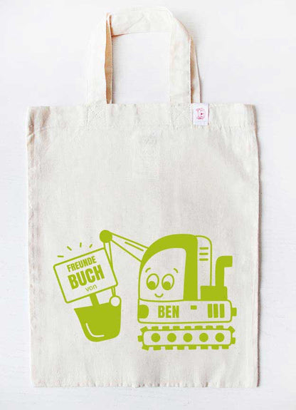 personalisierte freundebuch tasche für Kinder kindergarten- bagger - beige grün