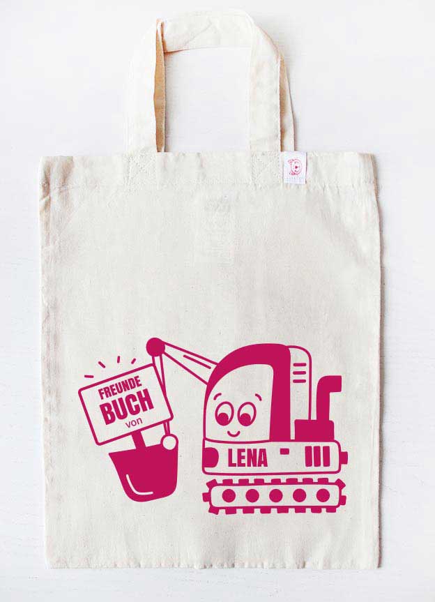 personalisierte freundebuch tasche für Kinder kindergarten- bagger - beige pink