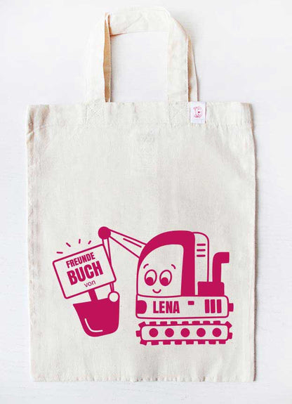 personalisierte freundebuch tasche für Kinder kindergarten- bagger - beige pink