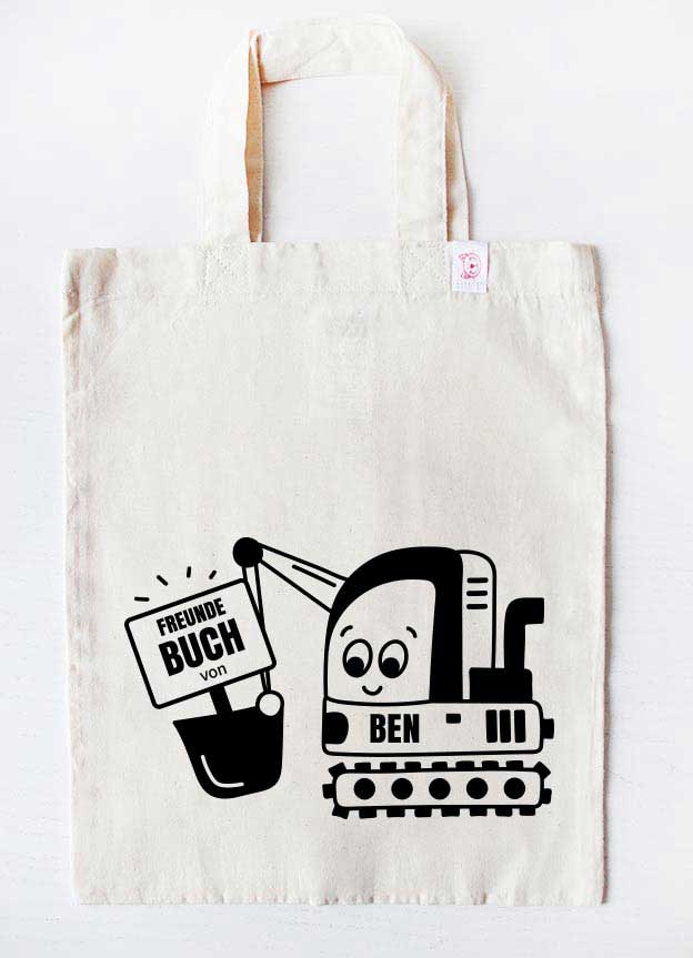 personalisierte freundebuch tasche - bagger - beige schwarz