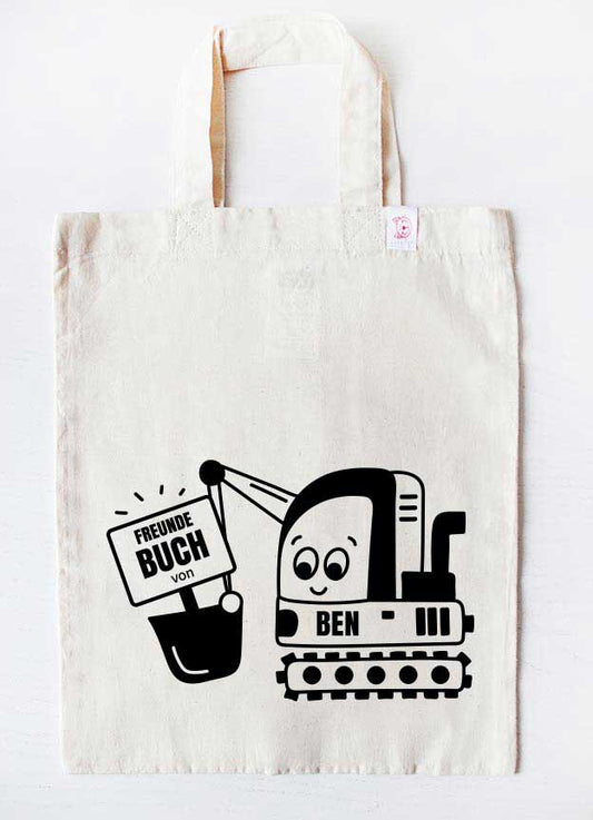 personalisierte freundebuch tasche - bagger - beige schwarz