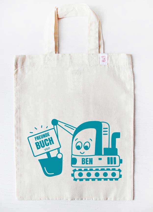 personalisierte freundebuch tasche für Kinder kindergarten- bagger - beige türkis