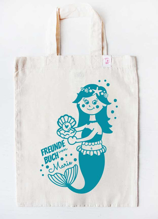 freundebuch tasche mit namen für kindergarten - meerjungfrau - beige türkis 