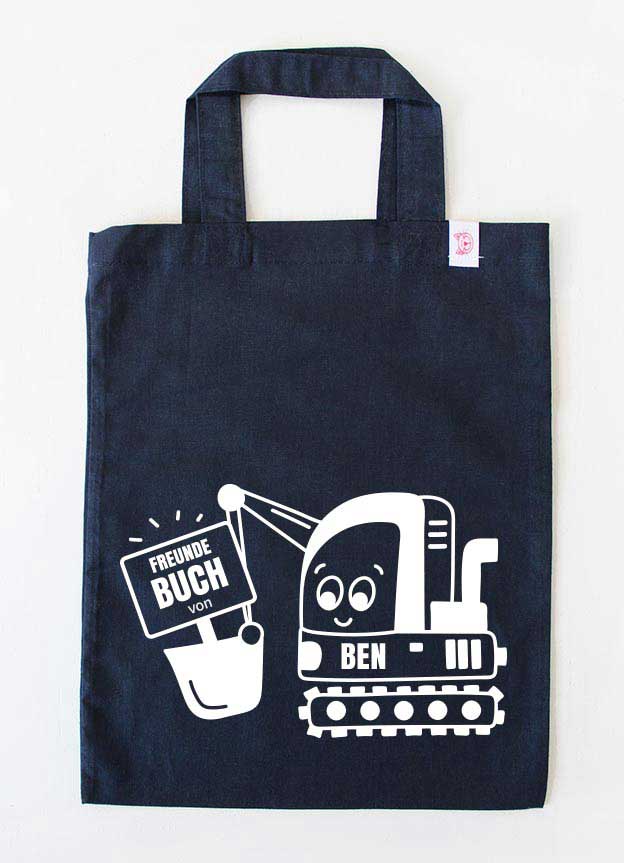 personalisierte freundebuch tasche für Kinder kindergarten- bagger - dunkelblau weiß
