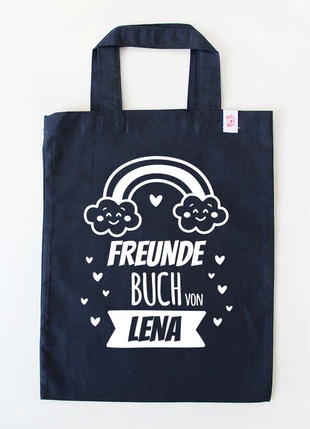 freundebuch tasche - regenbogen - dunkelblau weiss-freundebuchbeutel-mit-namen