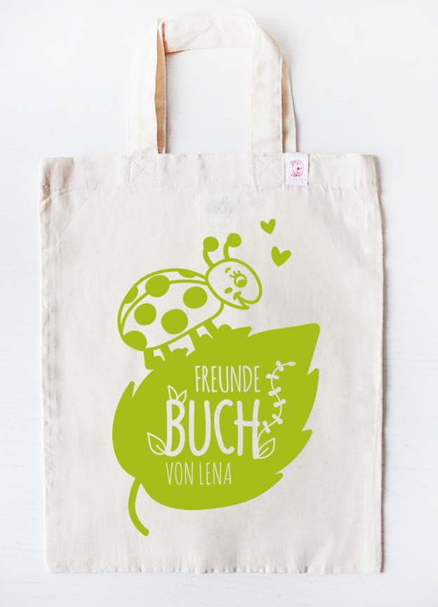 freundebuch tasche mit Namen personalisiert für mädchen - Marienkäfer - beige grün