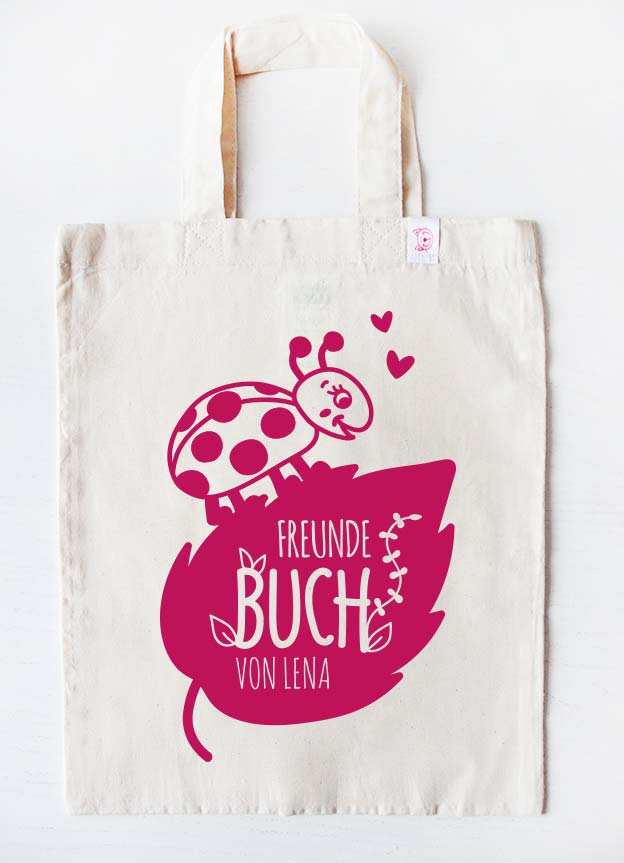 freundebuch tasche mit Namen personalisiert für mädchen - Marienkäfer - beige pink