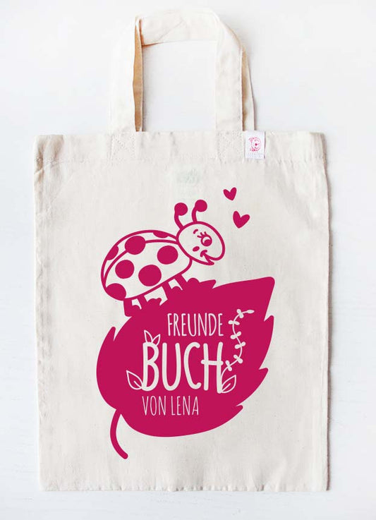 freundebuch tasche mit Namen personalisiert für mädchen - Marienkäfer - beige pink
