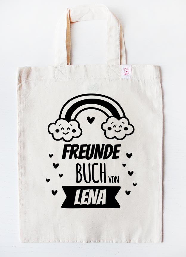 freundebuch tasche - regenbogen - beige schwarz-freundebuchbeutel-mit-namen