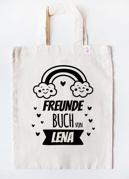 freundebuch tasche - regenbogen - beige schwarz-freundebuchbeutel-mit-namen